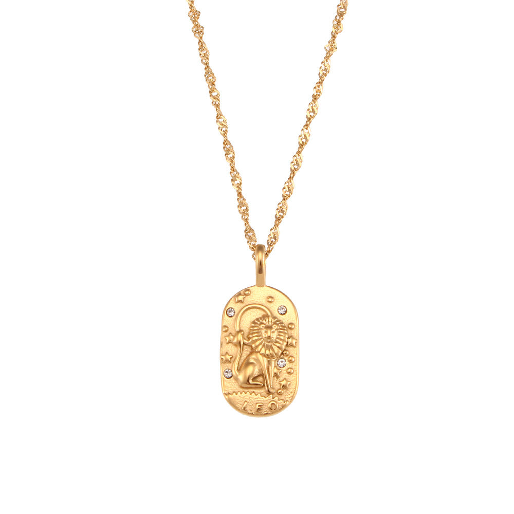 Collana con Pendente Zodiacale Retrò Minimalista in Acciaio Inossidabile con Intarsio di Strass da Donna