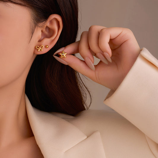Minimalist Stainless Steel Bow and Star Stud Earrings Set with Rhinestone Inlay for Women
