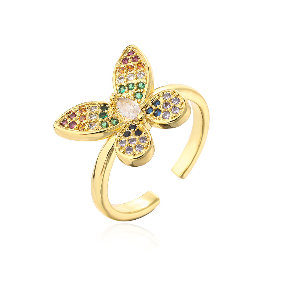 Minimalist Butterfly and Dragonfly Shaped Adjustable Copper Ring with Real Gold Plating and Zircon Inlay for Women