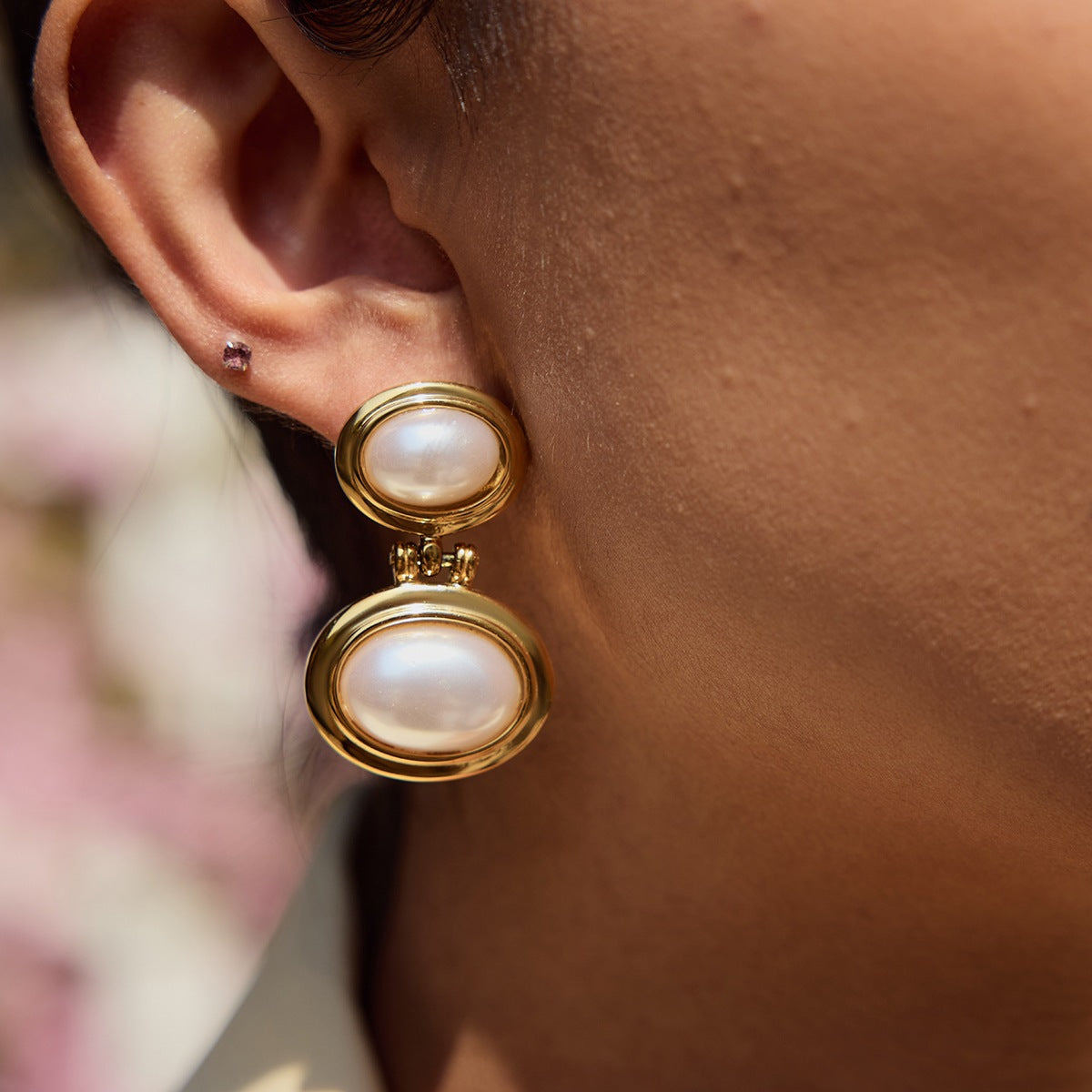 Elegant Geometric Stainless Steel Pearl Stud Earrings for Women