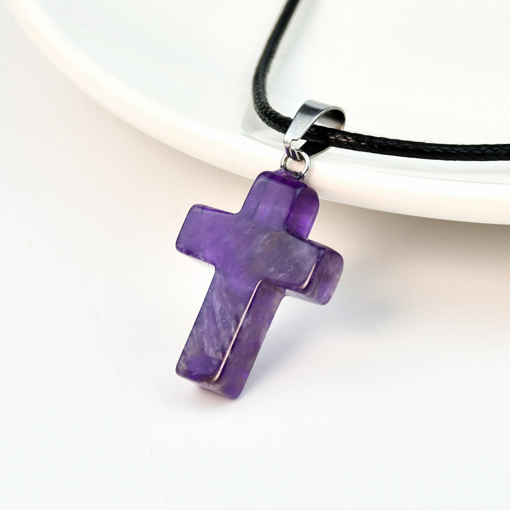 Minimalist Cross Crystal Agate Turquoise Pendant Necklace Unisex