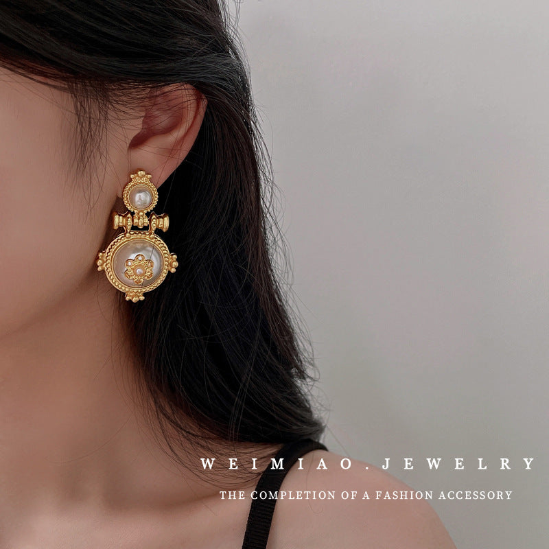 Pendientes de Aro Geométricos con Perlas y Flores Vintage para Mujer con Postes de Acero Inoxidable