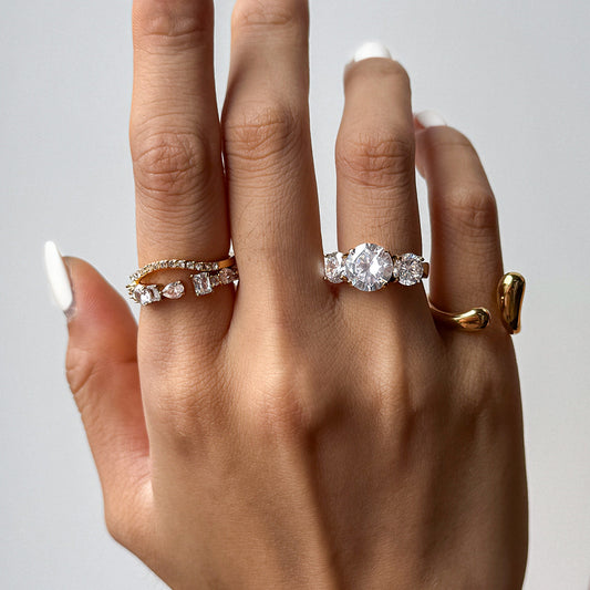 Geometric Titanium Steel Ring with Zirconia Accents for Women, Electroplated Hypoallergenic Stainless Steel Fashion Jewelry