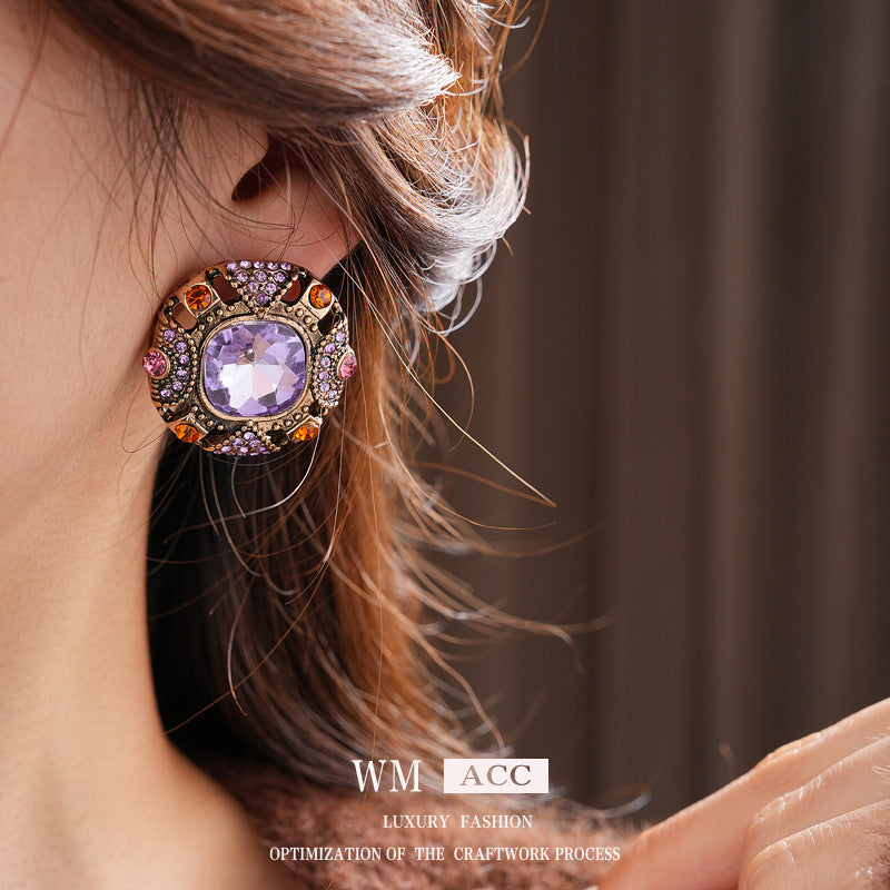 Vintage-Style Geometric Square Rhinestone Stud Earrings in Alloy with Stainless Steel Posts for Women