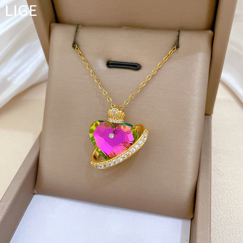 Sweet Minimalist Colorful Heart Crown Rhinestone Titanium Steel Necklace for Unisex