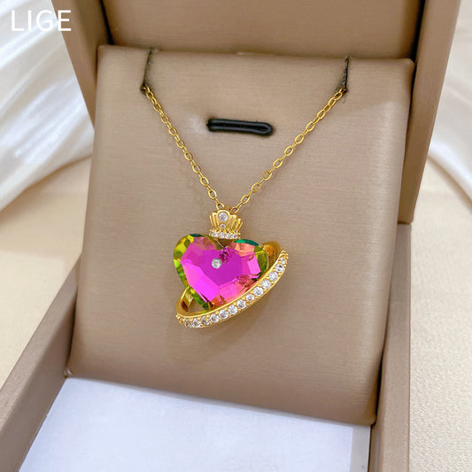 Sweet Minimalist Colorful Heart Crown Rhinestone Titanium Steel Necklace for Unisex