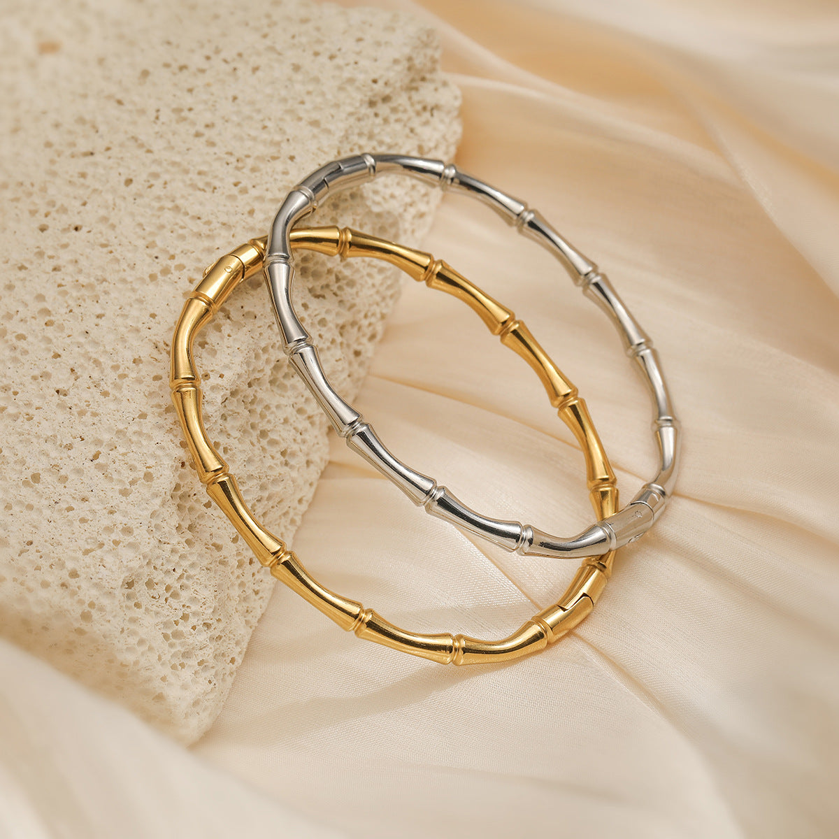 Minimalist Luxe Bamboo Joint Titanium Steel Bracelet for Women with Micro-Pavé Detailing and Irregular Design