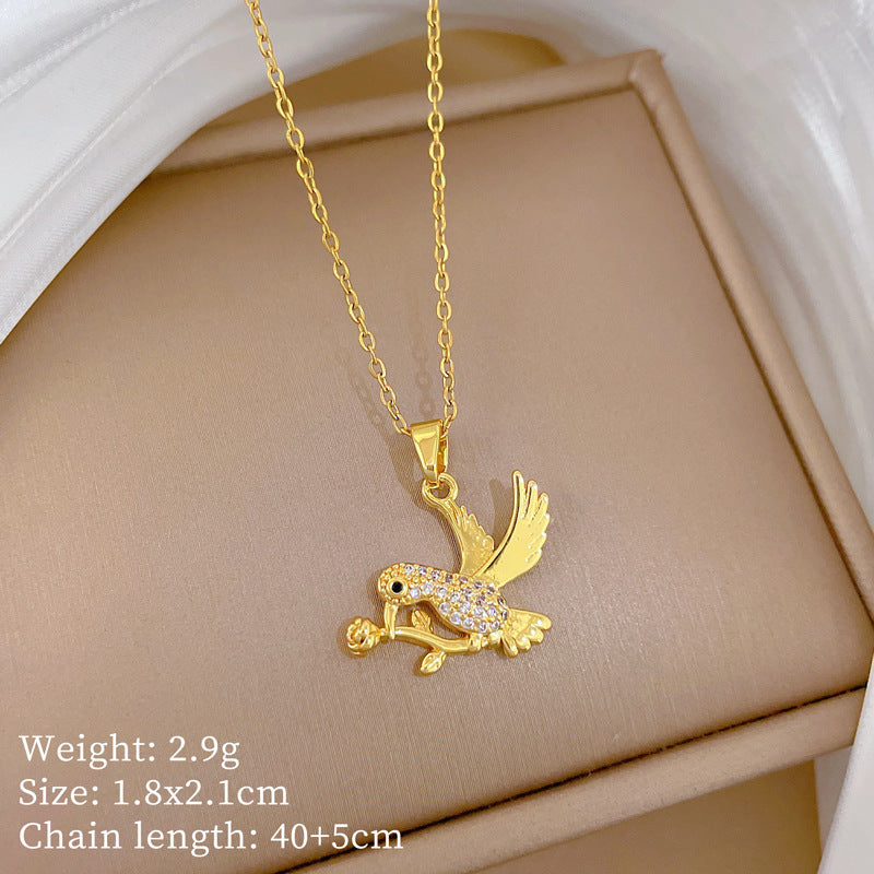 Sweet Elegant Geometric Swallow with Rose Gold Plated Titanium Steel Necklace Full Rhinestone Unisex Cable Chain