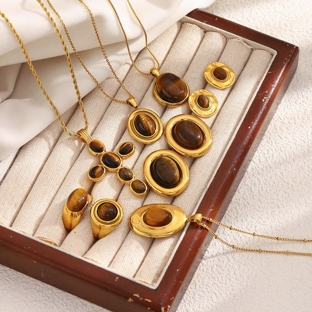 Minimalist Oval Tiger Eye Cross Necklace in Stainless Steel with 18K Gold Plating for Women