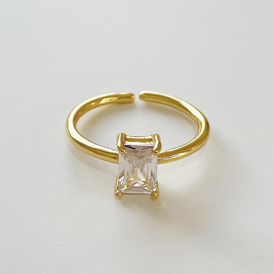 Minimalist Sweet 925 Sterling Silver Geometric Square Rhinestone Plated Open Ring