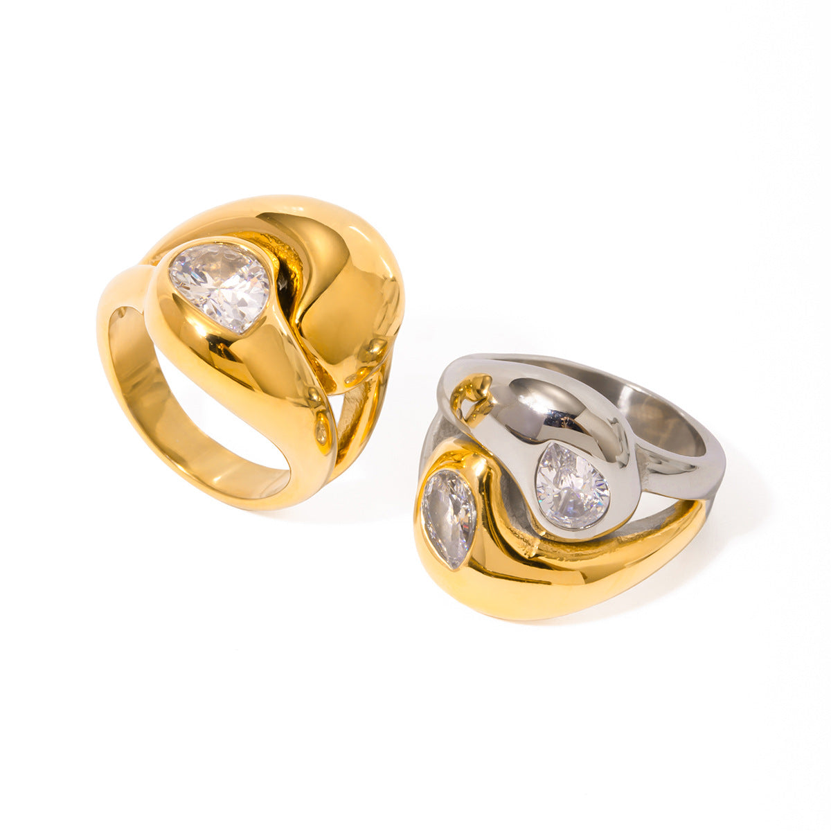 Trendy 18K Gold Plated Titanium Steel Irregular Water Drop Ring with White Zircon for Unisex