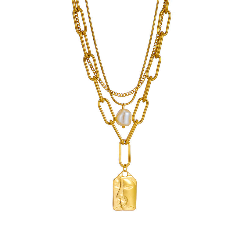 Vintage Fashion Geometric Titanium Steel Plated Necklace with Pearl and Face Pendant for Women
