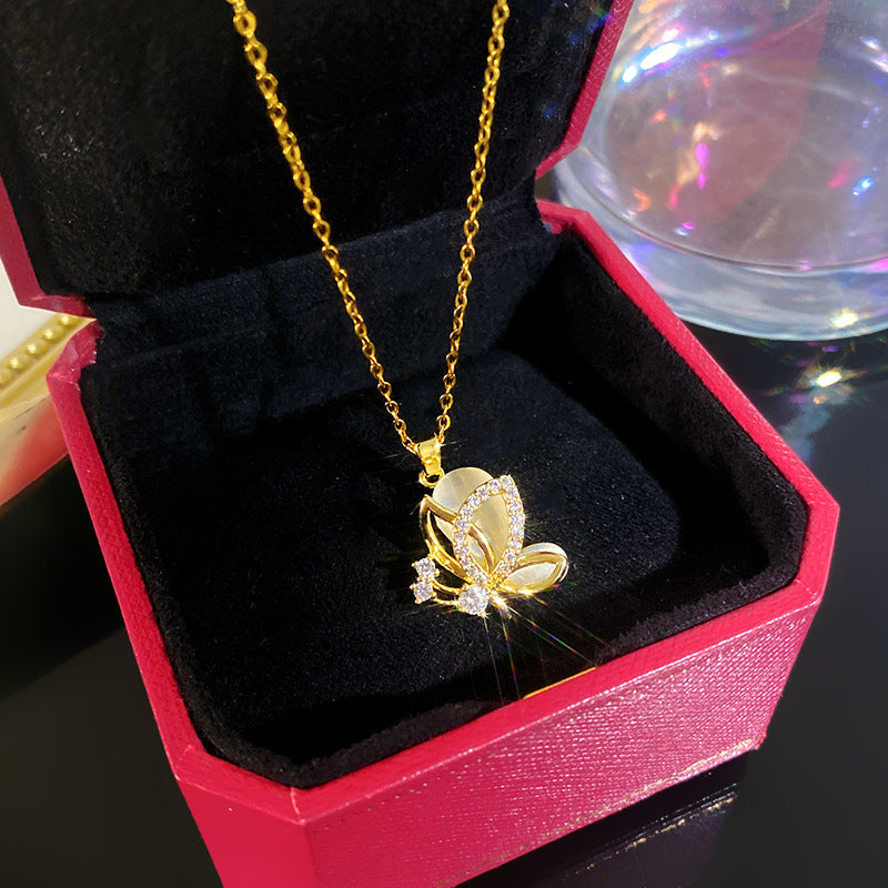 Sporty Sweet Micro-Set Cubic Zirconia Fruit Square Pendant Titanium Steel Cable Chain Necklace