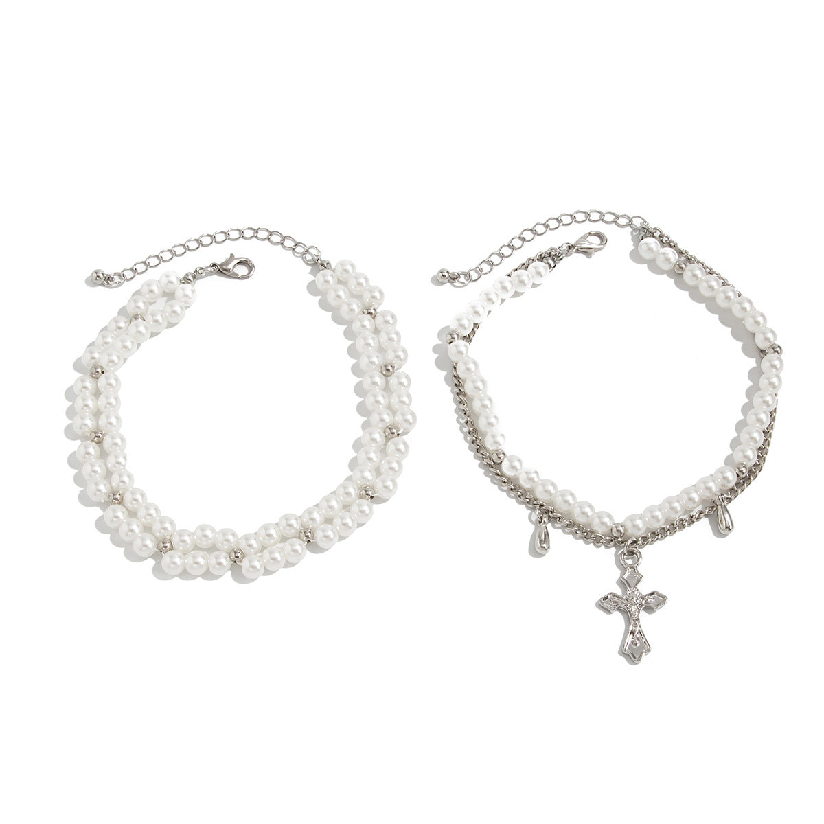 Minimalist Faux Pearl Double Layer Cross Anklet Alloy Chain Leg Jewelry for Women