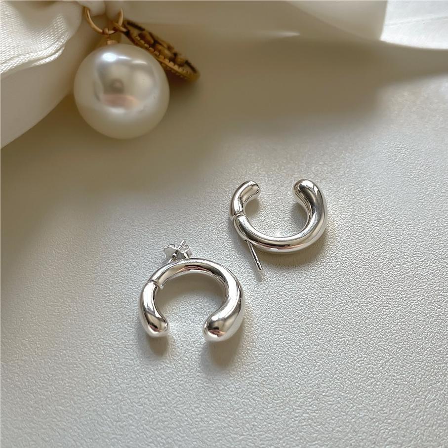Sweet 925 Sterling Silver Geometric U-Shaped Hoop Earrings with Pearl Inlay Polka Dot Design
