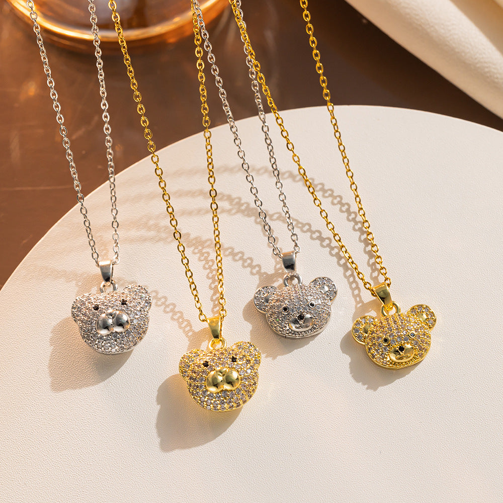 Minimalist Cute Bear Pendant Necklace for Women in Titanium Steel with Rhinestone Accents on O-Chain