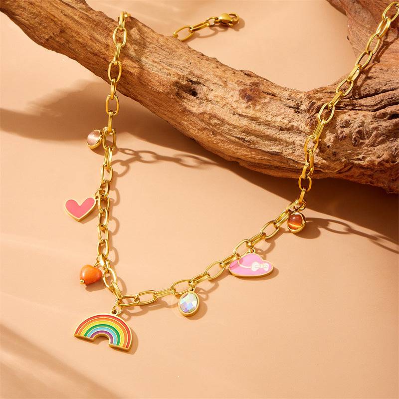 Fashion Colorful Drip Oil Flower Butterfly Eye Pendant Stainless Steel Cable Chain Necklace for Women