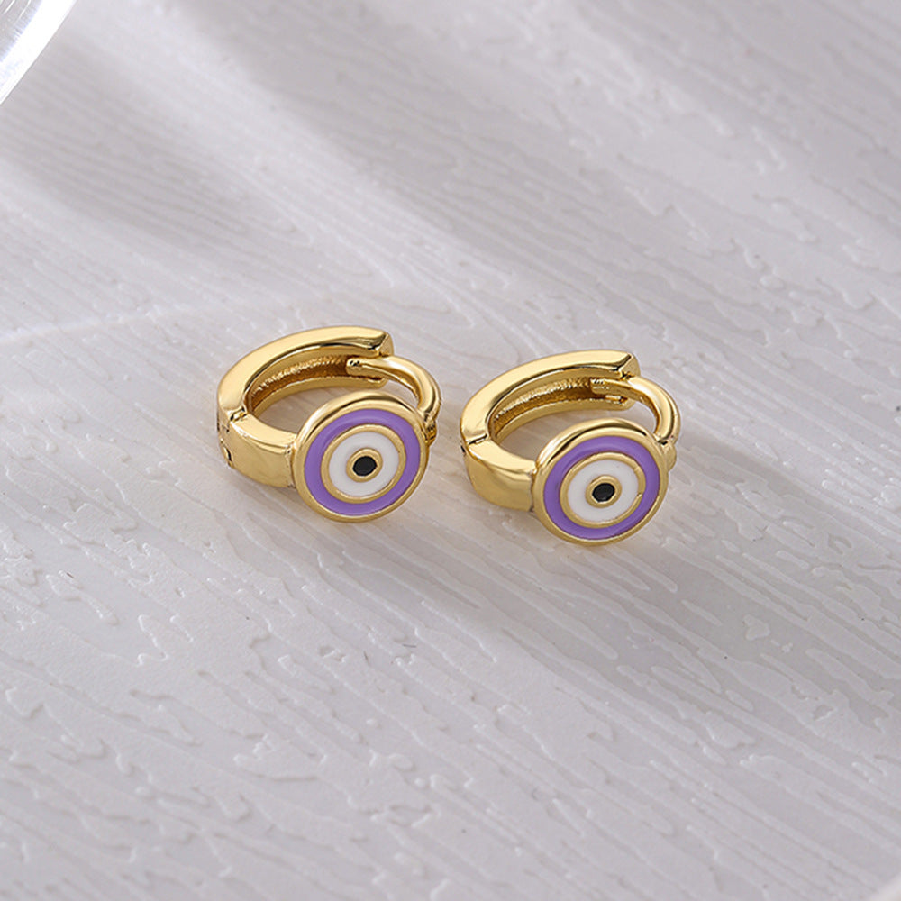 Orecchini a Cerchio Minimalisti Geometrici in Rame con Placcatura in Oro 18K e Dettaglio Occhio Smaltato da Donna