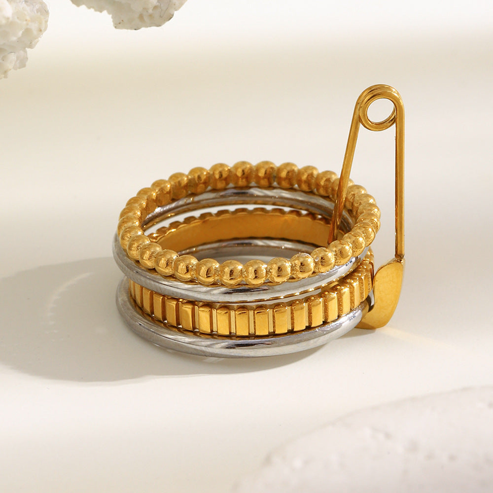 Anello da donna a quattro strati bicolore in acciaio inossidabile placcato oro 18 carati, geometrico minimalista, con un tocco di lusso