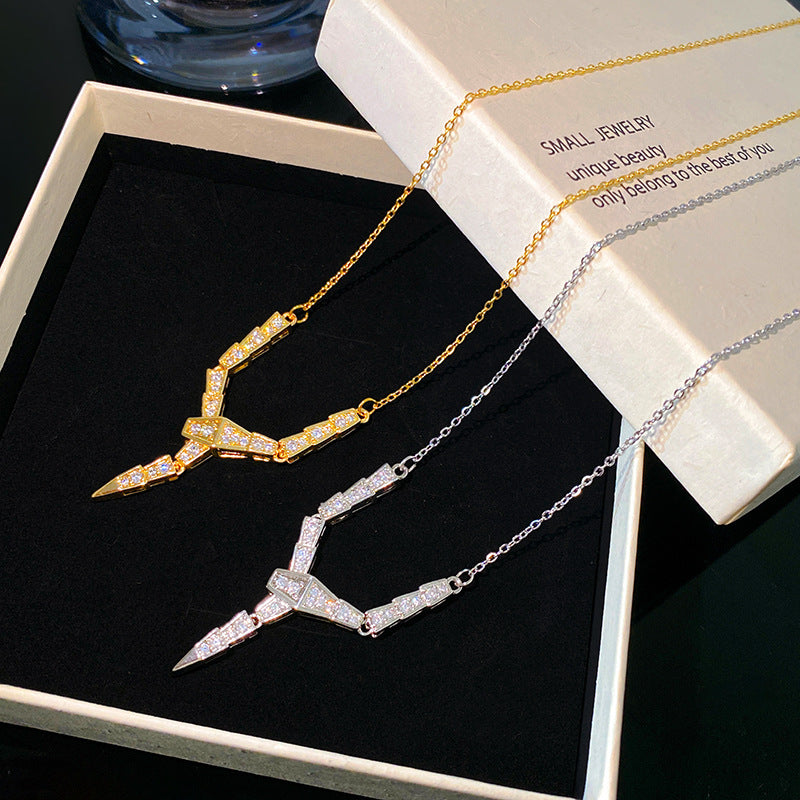 Vintage Minimalist Geometric Titanium Steel Plated Snake Chain Necklace with Cubic Zirconia