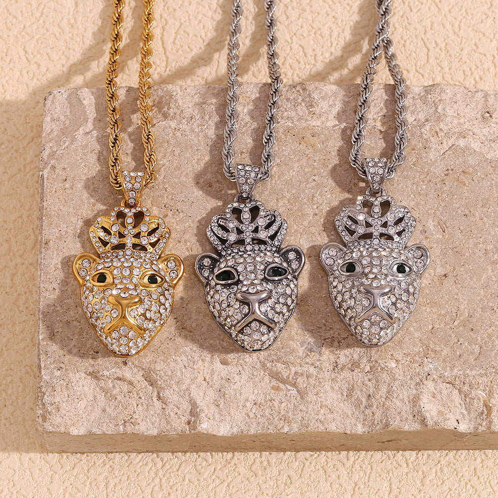 Hip Hop Style Monkey Pendant Necklace for Men Stainless Steel with 18K Gold Plating and Full Rhinestone Crown Design on Twisted Chain