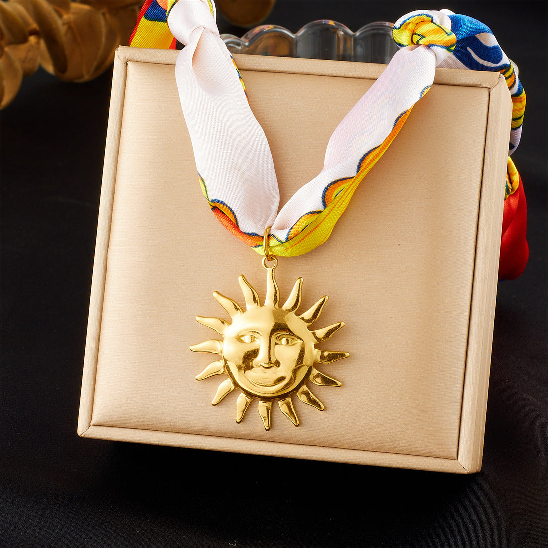 Elegant Gold Plated Stainless Steel Heart Moon Star Necklace with Colorful Floral Print and Knotted Chain for Women