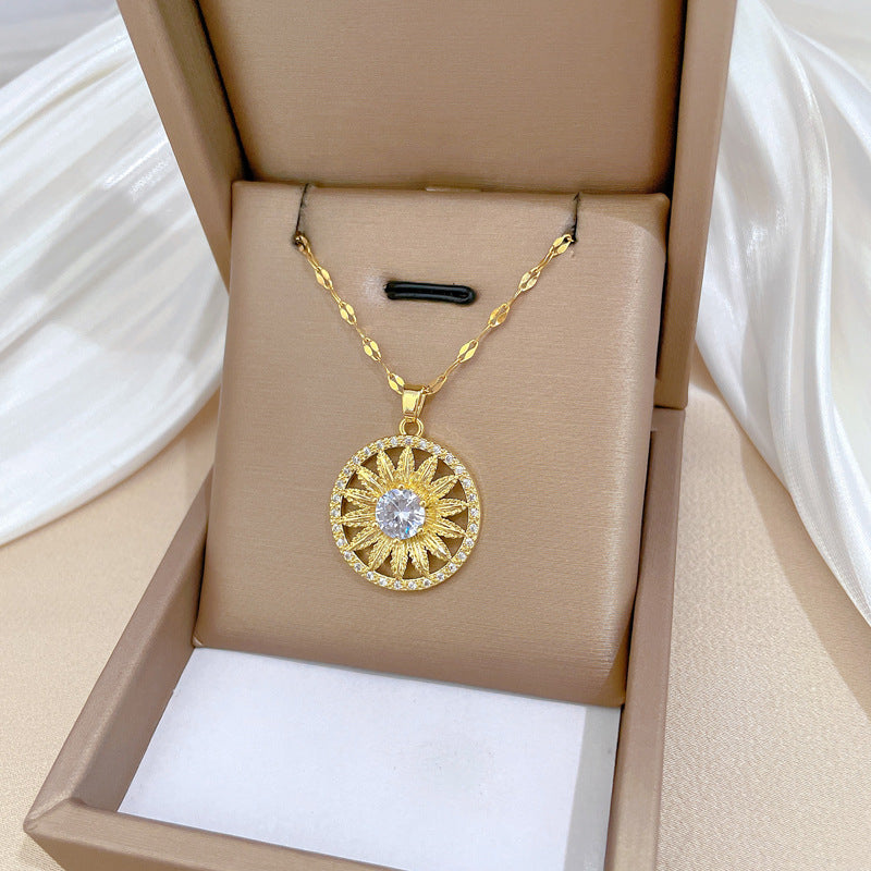 Collana pendente girasole minimalista in acciaio al titanio con intarsio di strass da donna e unisex, delicata catena per clavicola