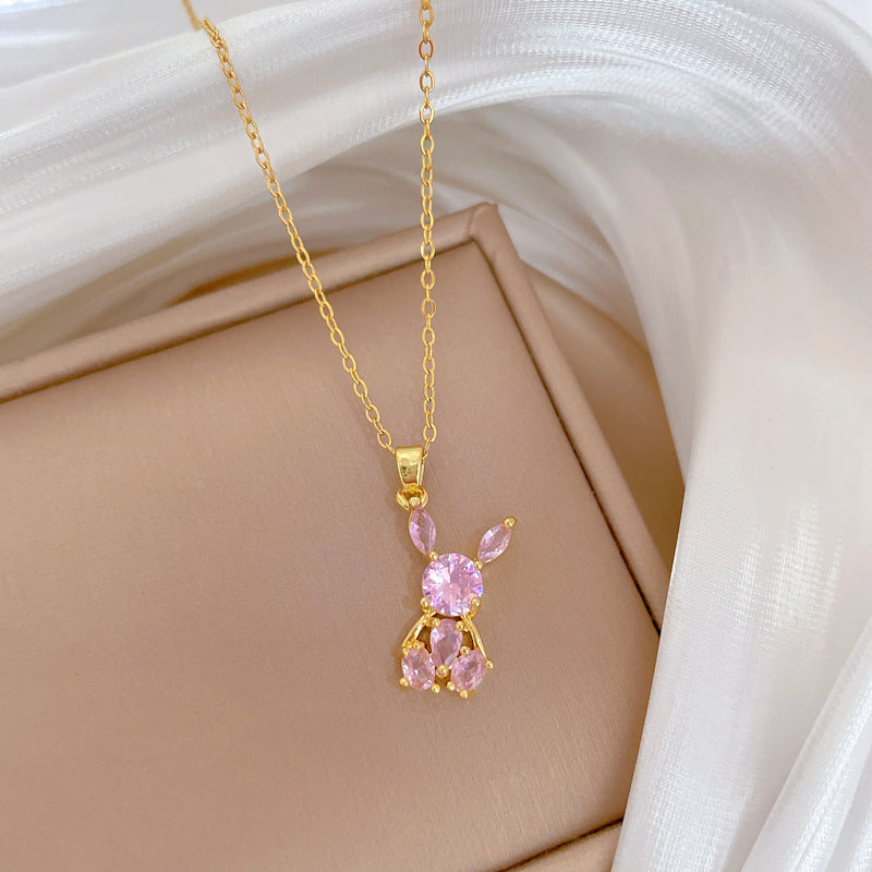 Pink Rabbit Pendant Necklace for Women Stainless Steel Chain with Full Rhinestone Accents Geometric Design Elegant Minimalist Locket Style