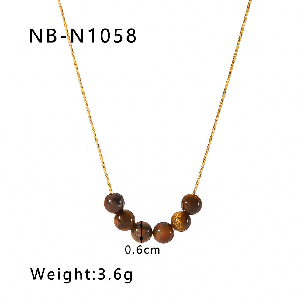 Vintage French Style Geometric Pendant Necklace for Women Stainless Steel with 18K Gold Plating and Natural Tiger Eye Inlay