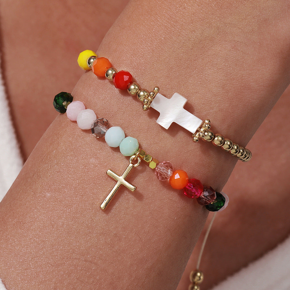 Geometric Cross Crystal Beaded Bracelet Set for Unisex