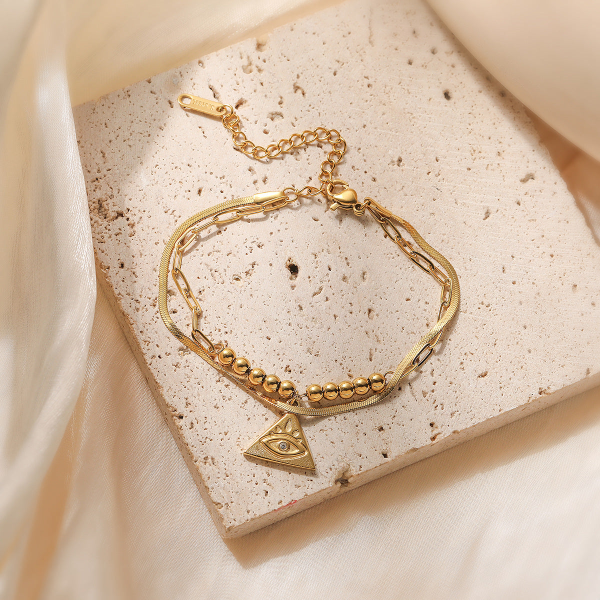 Vintage Evil Eye Pendant Bracelet for Women with Geometric Shape Stainless Steel Double Layer Stackable Bracelet with Plating Finish