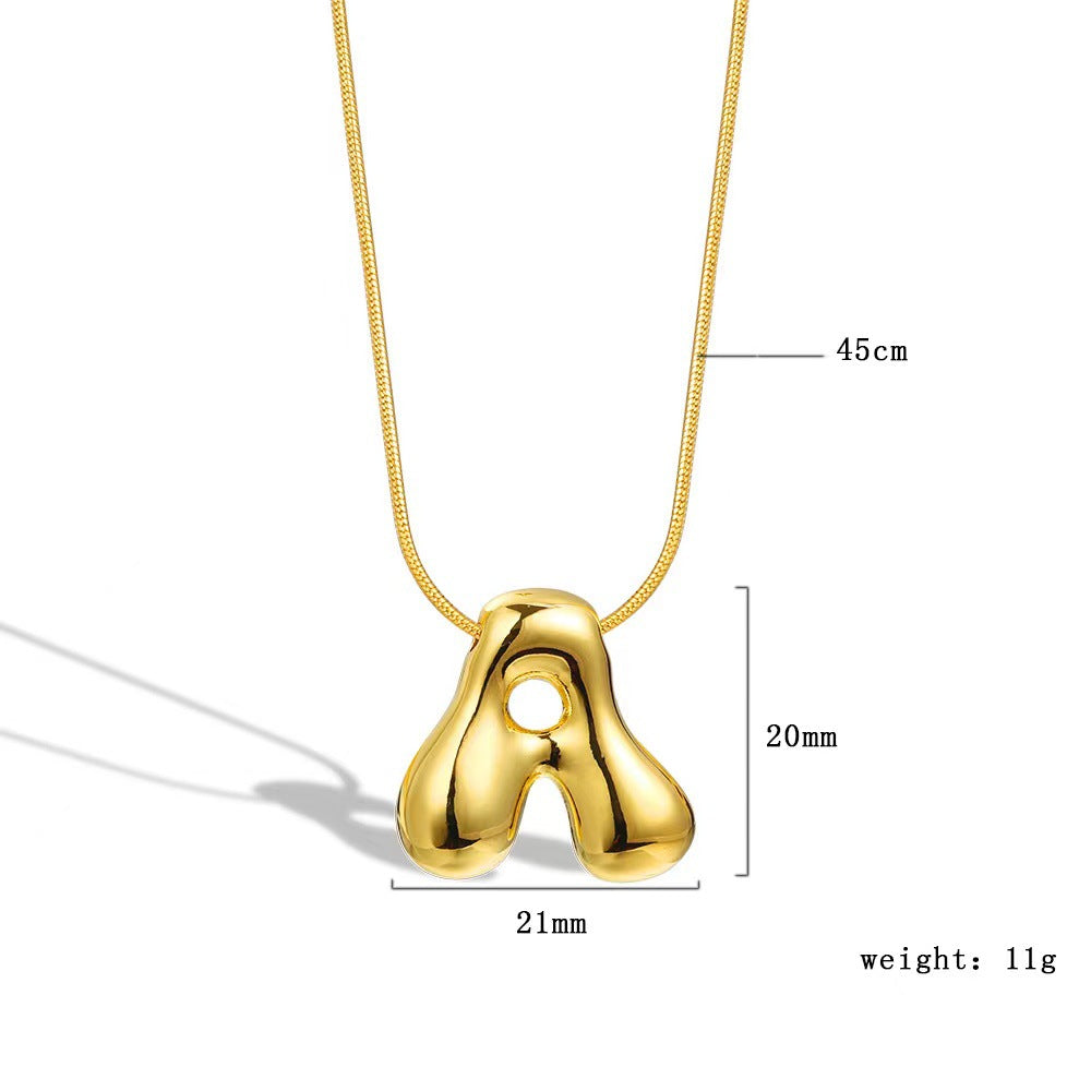 Luxury Balloon Bubble-Shaped Letter Necklace in Titanium Steel with Gold Plating, Snake Chain, Unisex Alphabet Pendant Jewelry