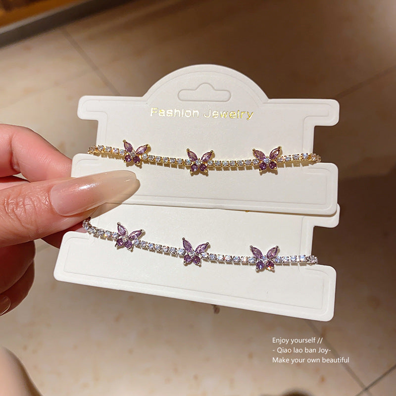 Minimalist Sweet Square Butterfly Brass Bracelet with Cubic Zirconia Inlay for Women