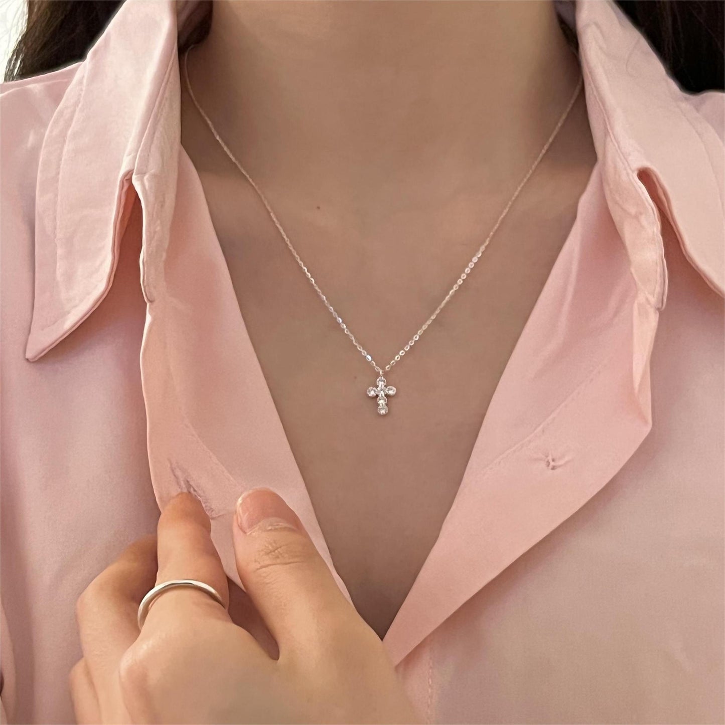 Minimalist Geometric Cross Pendant Necklace in 925 Sterling Silver with Rhinestone Inlay and Gold Plating on Snake Chain