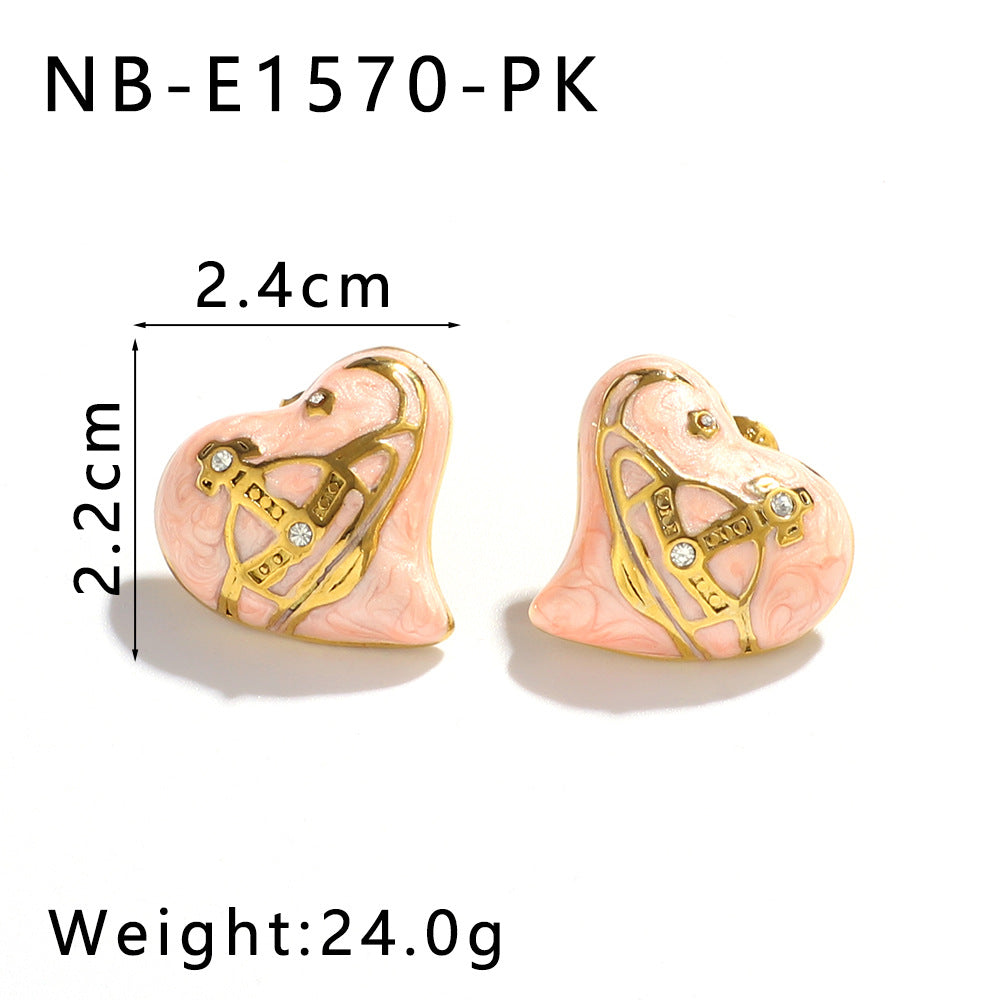 Minimalist Heart-Shaped Stainless Steel Stud Earrings with 18K Gold Plating and Rhinestone Inlay for Women