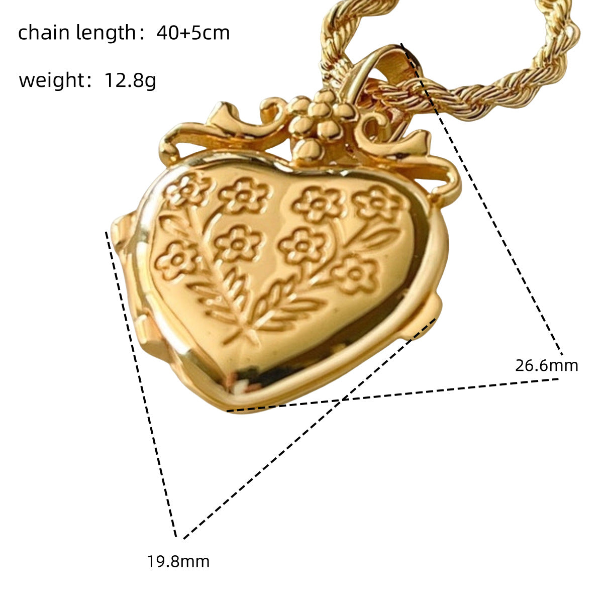 Natural Minimalist Heart and Floral Album Pendant Necklace with 18K Gold Plated Copper, Square Snap-Open Locket on Twisted Chain