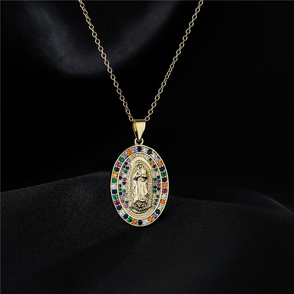 Minimalist Geometric Brass Micro-Inlaid Cubic Zirconia Necklace with Gold Plated Mary Pendant