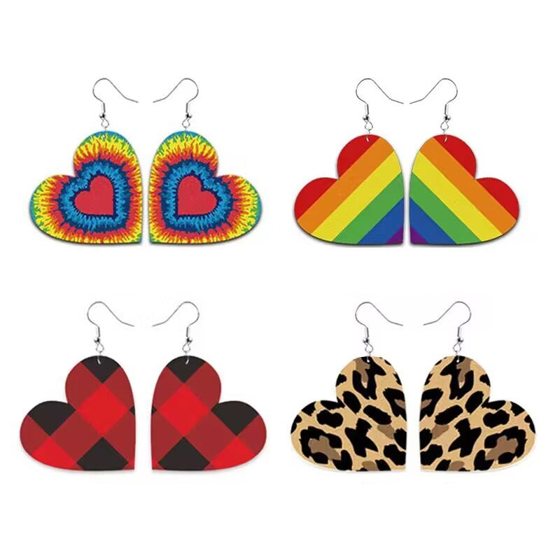 Casual Heart Shaped Leather Earrings with Checkered Gradient Leopard Print for Women