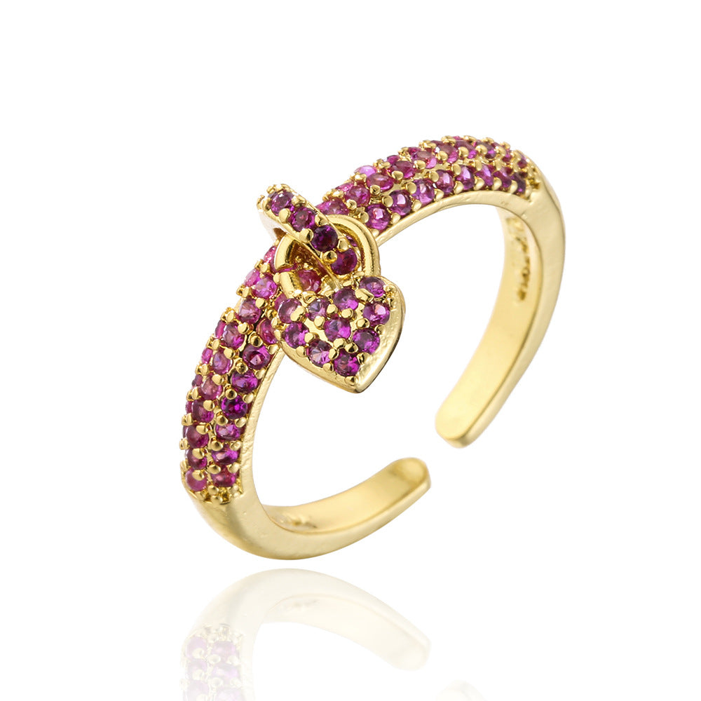 Anello aperto da donna placcato oro 18 carati con micro-pavé di zirconi a forma di cuore, stile retrò alla moda