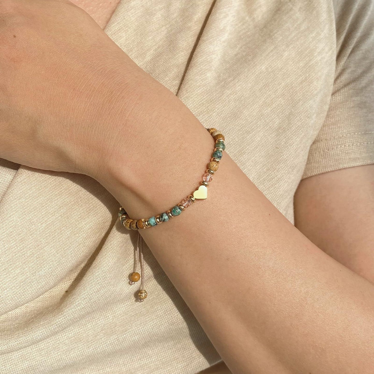 Minimalist Natural Turquoise Heart Pendant Crystal Beaded Bracelet for Women