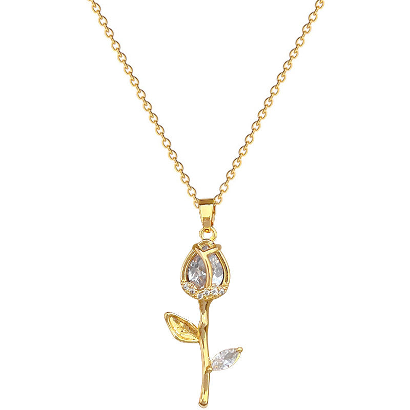 Luxury Titanium Steel Geometric Tulip Rhinestone Pendant Necklace for Women with Adjustable Chain