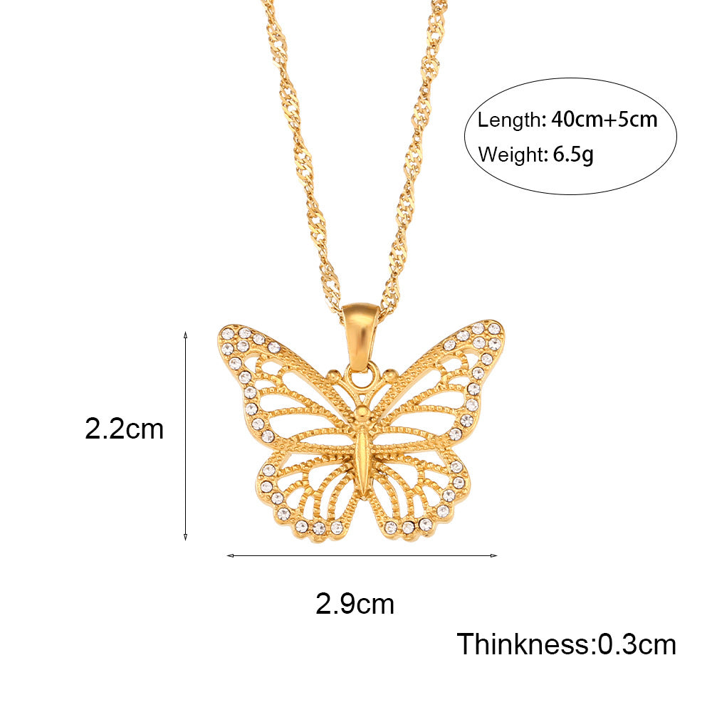 Collana con pendente a farfalla in stile minimalista da donna in acciaio inossidabile con zirconi e catena ondulata cava