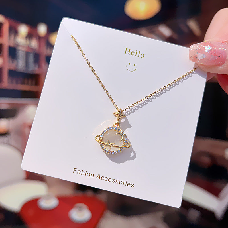 Minimalist Cat's Eye Stone Planet Pendant Necklace in Titanium Steel with Plated Finish for Women
