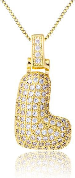 14K Gold Plated Brass Letter Pendant Necklace with Cubic Zirconia Inlay Box Chain for Women