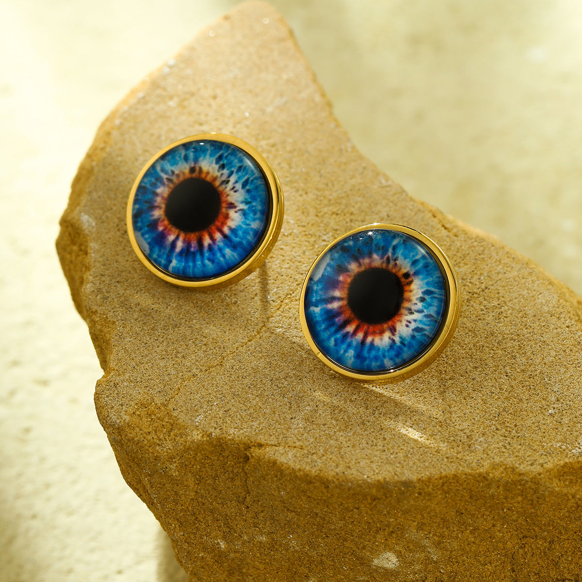 Pendientes de tuerca de acero de titanio con forma de ojo estilo Ins para mujer con incrustaciones de piedra natural y acabado chapado