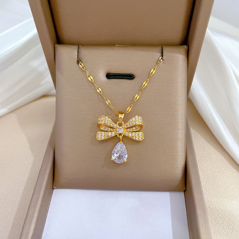 Luxury Titanium Steel Butterfly Pendant Necklace and Matching Stud Earrings Set with Micro-Pavé Detailing for Women
