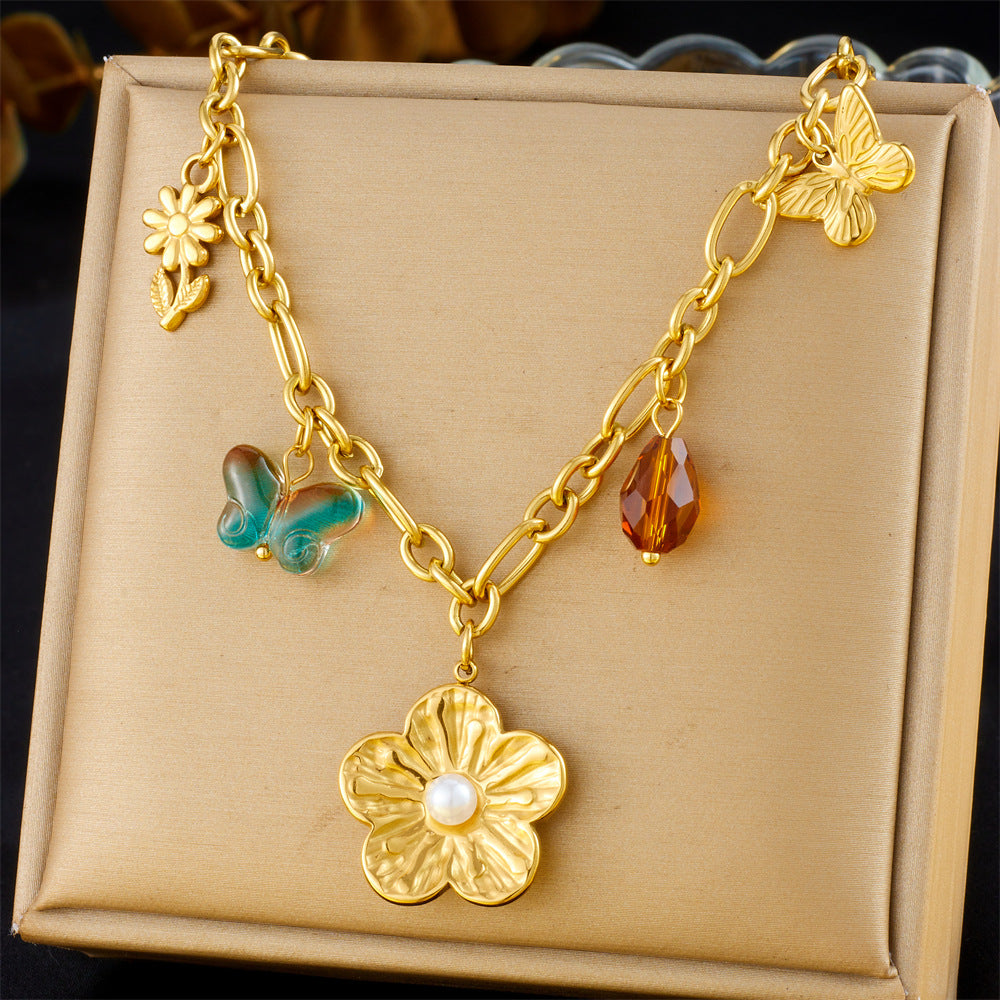 Vintage Elegant Heart Bow Cross Floral Stainless Steel Plated Necklace for Women