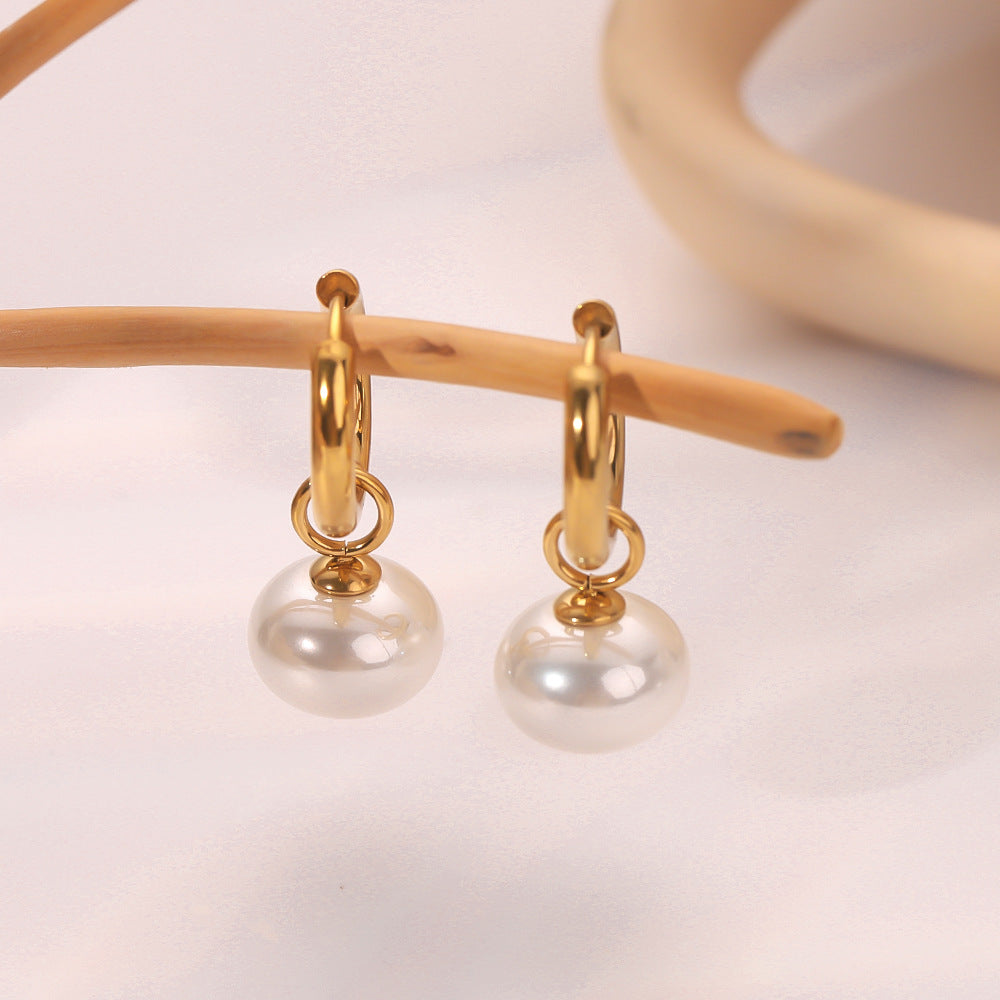 Romantic French Vintage Pearl Pendant Earrings for Women in Stainless Steel with 18K Gold Plating and Geometric Design