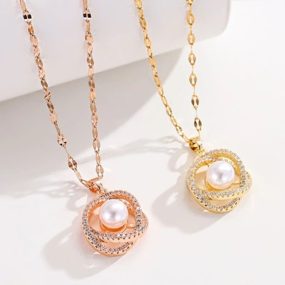 Geometric Pendant Necklace in Titanium Steel with 18K Gold Plating, Micro-Paved Rhinestones, Pearl Accents, and Wavy Chain