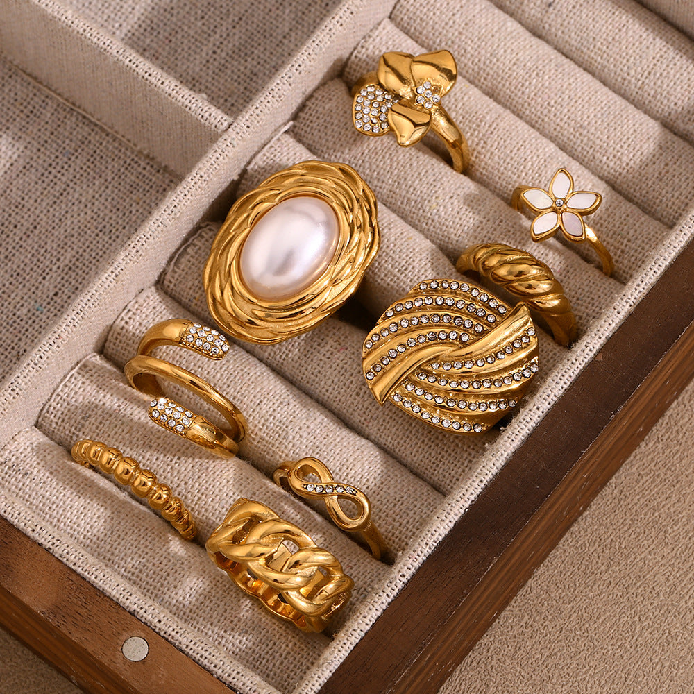 Anello da donna in acciaio inossidabile placcato oro 18K con motivo floreale e spighe di grano d'ispirazione vintage